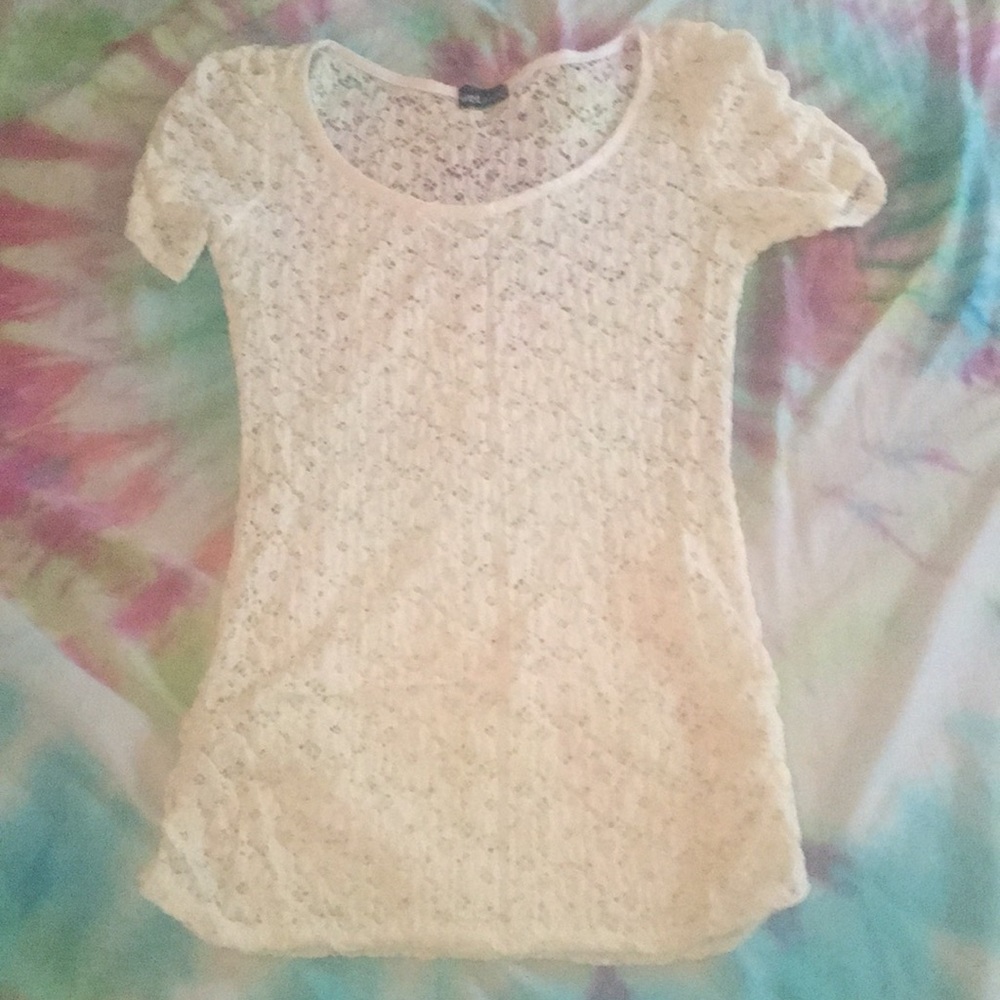 See though lace long length white tee size large